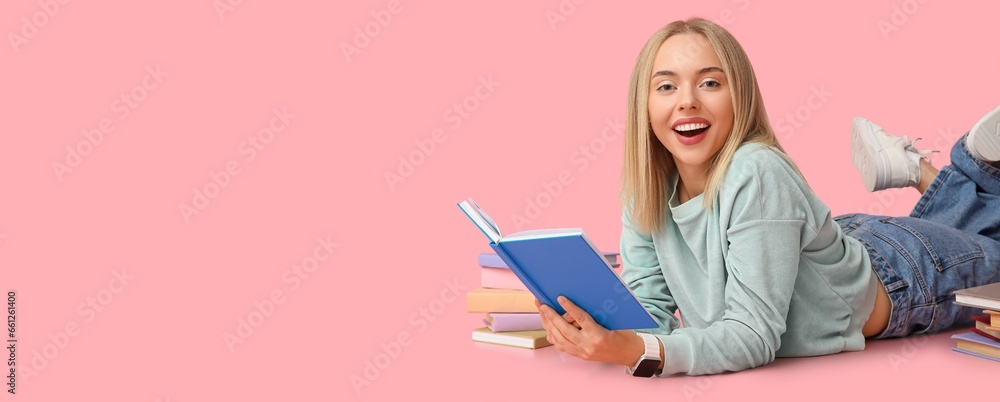 Beautiful young happy woman with many books on pink background with space for text Beautiful young happy woman with many books on pink background with space for text
