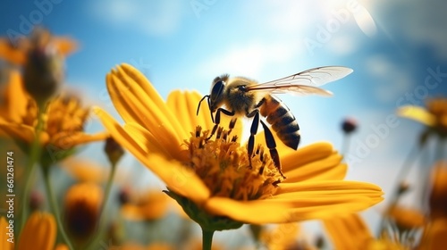Bee on a bright background with a yellow cosmos. photo