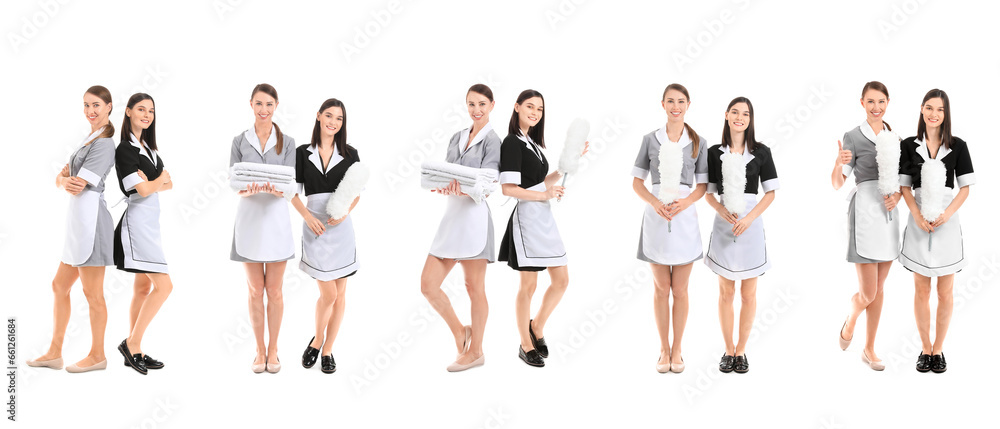 Set of beautiful chambermaids on white background