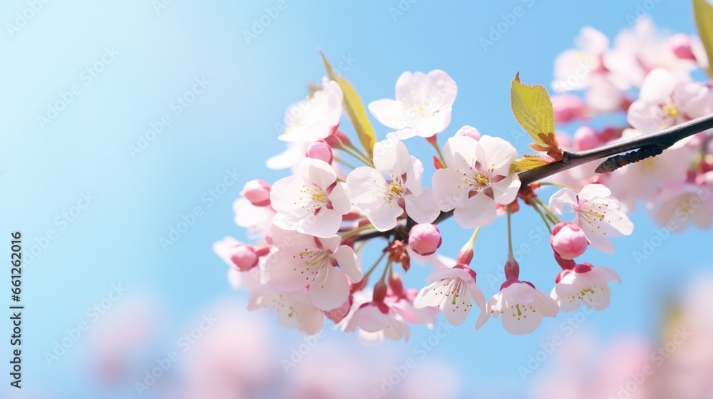 Cherry blossom branch macro shot in sunlight with copy space and a pleasant light blue sky background. Beautiful floral panorama of a springtime landscape.
