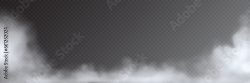 Fog, smoke on transparent background, panoramic view, vector design 
