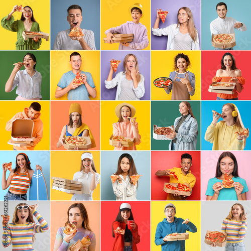 Collage of many people with pizzas on color background