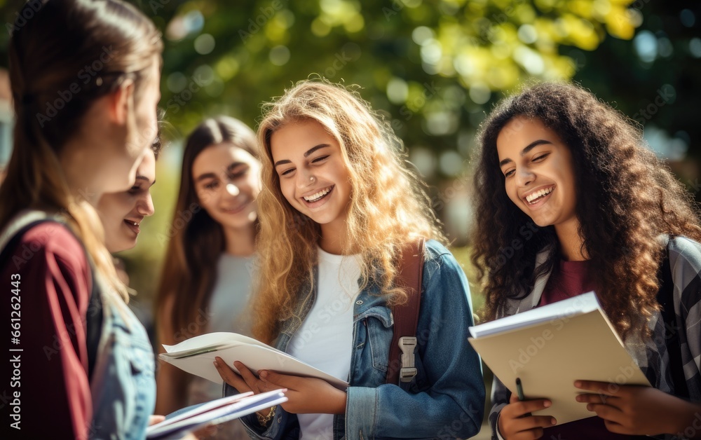 Several British high school students are holding books and talking on the campus avenue Several British high school students are holding books and talking on the campus avenue