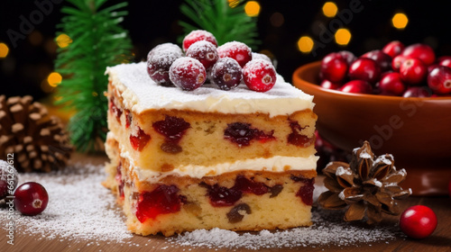 Squares of Christmas cake adorned with a cranberry st, generative ai