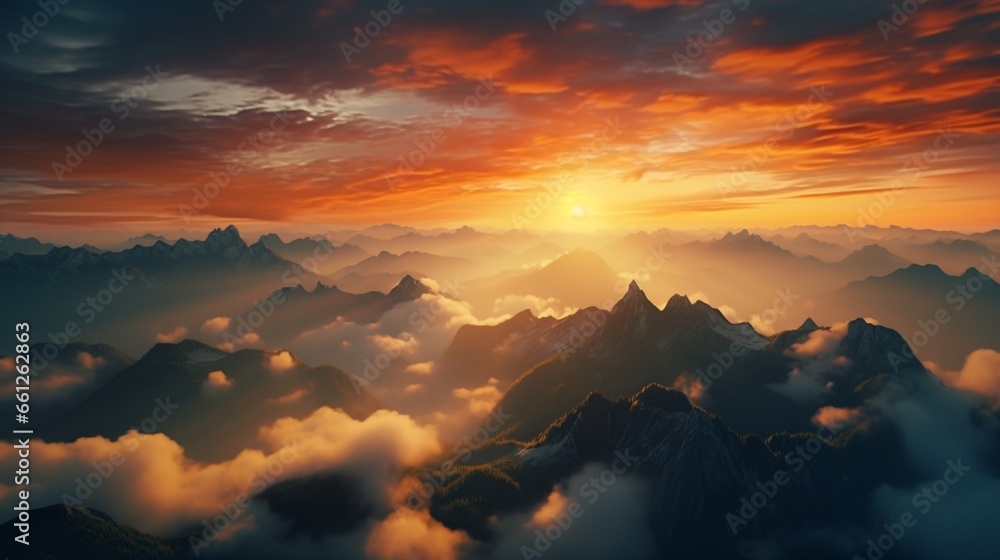 a fiery sunrise as seen from mountaintops. Clouds cover the valley below, which is known as the sea of clouds or sea of mist. - obrazy, fototapety, plakaty 