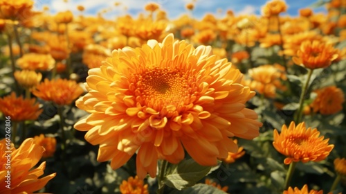 Concentrate on a single orange chrysanthemum bloom that is surrounded by other vibrant chrysanthemums and concealed in the middle of the field.