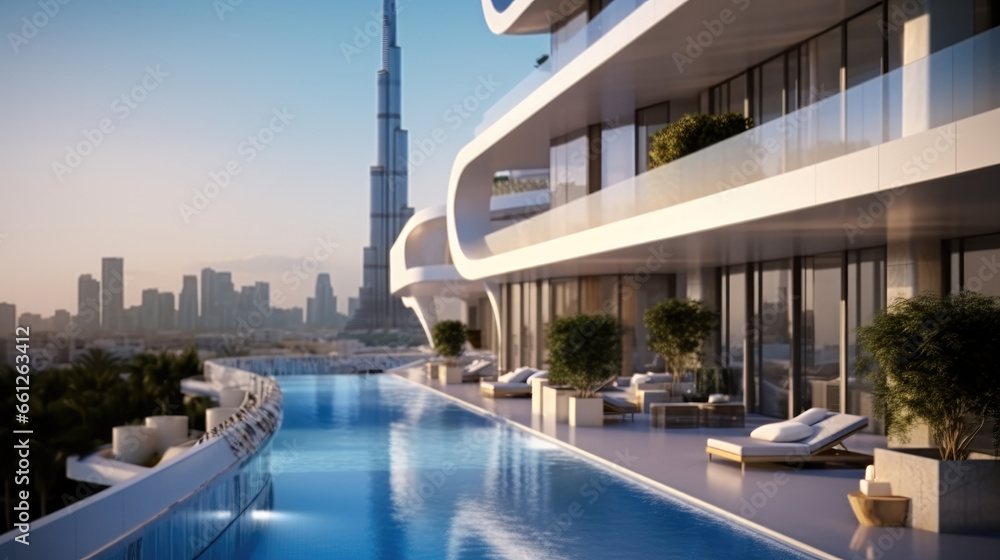 Exterior design of a luxury building with pool, City view.