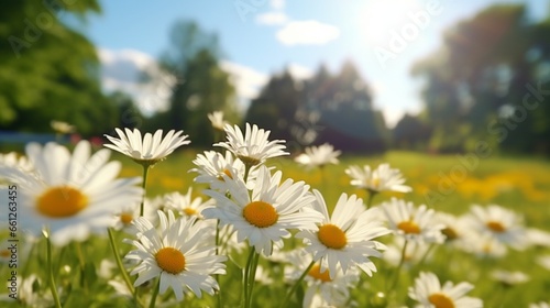 Daisies in bloom in a meadow in a park in the summertime sun.