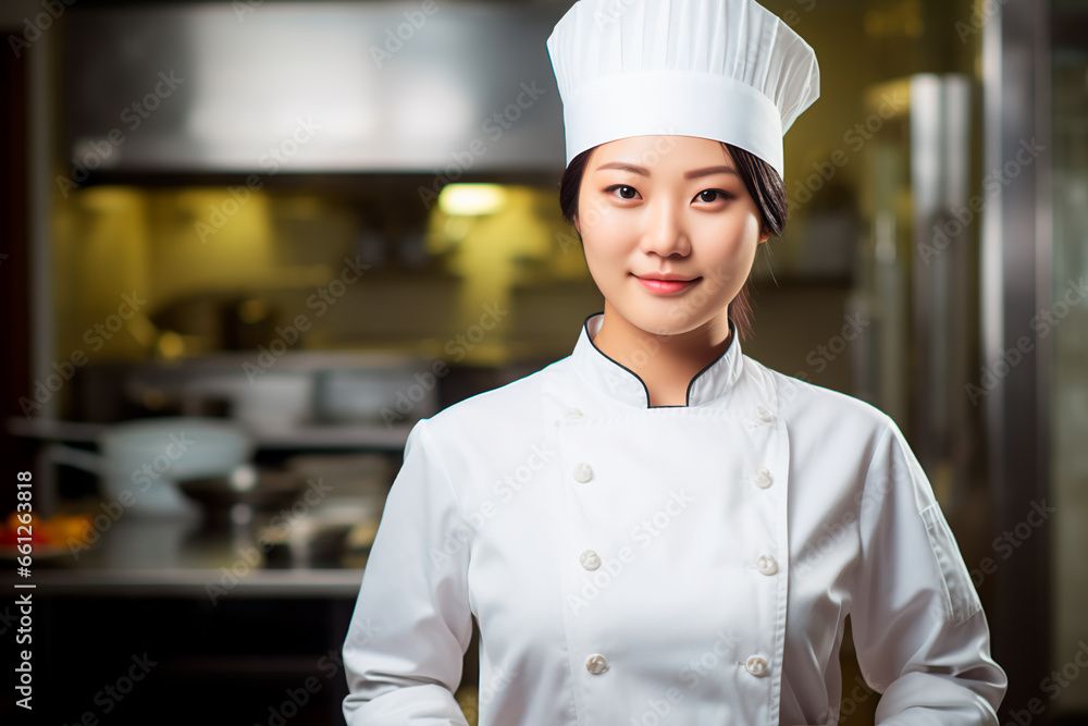 Portrait of Asian female chef on kitchen background. A woman in a chef's hat and an apron. Portrait of Asian female chef on kitchen background. A woman in a chef's hat and an apron.