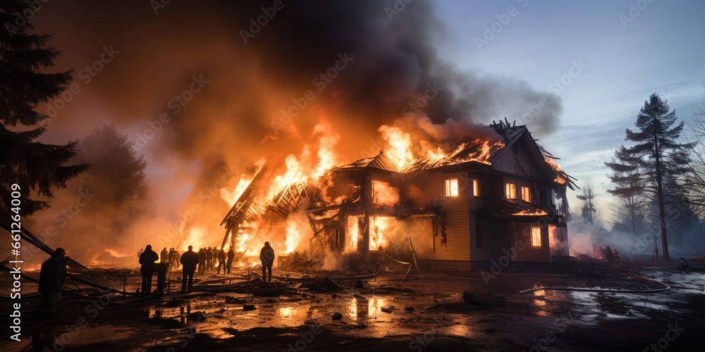 burning house engulfed in flames, generative AI - obrazy, fototapety, plakaty 