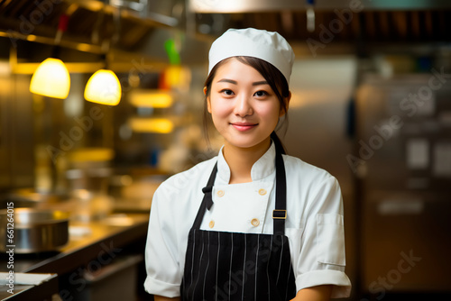 Portrait of Asian female chef on kitchen background. A woman in a chef's hat and an apron.