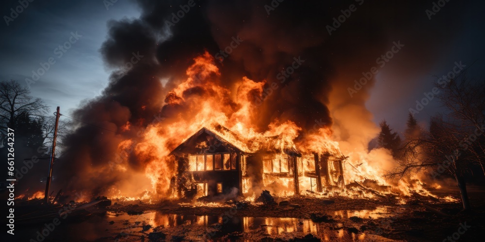 burning house engulfed in flames, generative AI