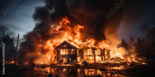 burning house engulfed in flames, generative AI