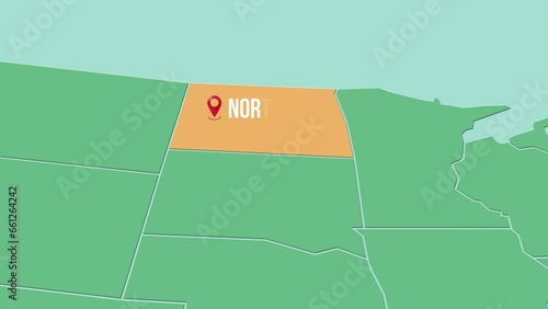 Mapa de los Estados Unidos de América con división política resaltando el estado de North Dakota photo
