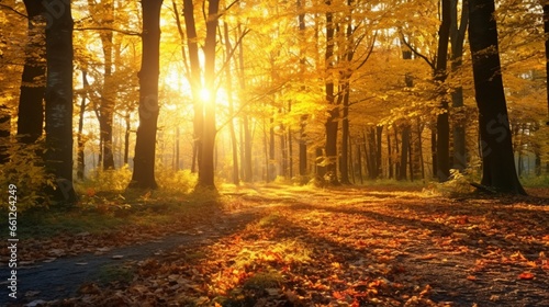 Fall forest landscape. Bright dawn amid a riot of color forest, with sunlight filtering through tree branches. natural scenery in the sun . © Anmol