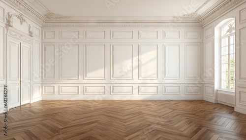 Empty room interior design, open space with white walls with stucco and parquet wooden floor © Nob
