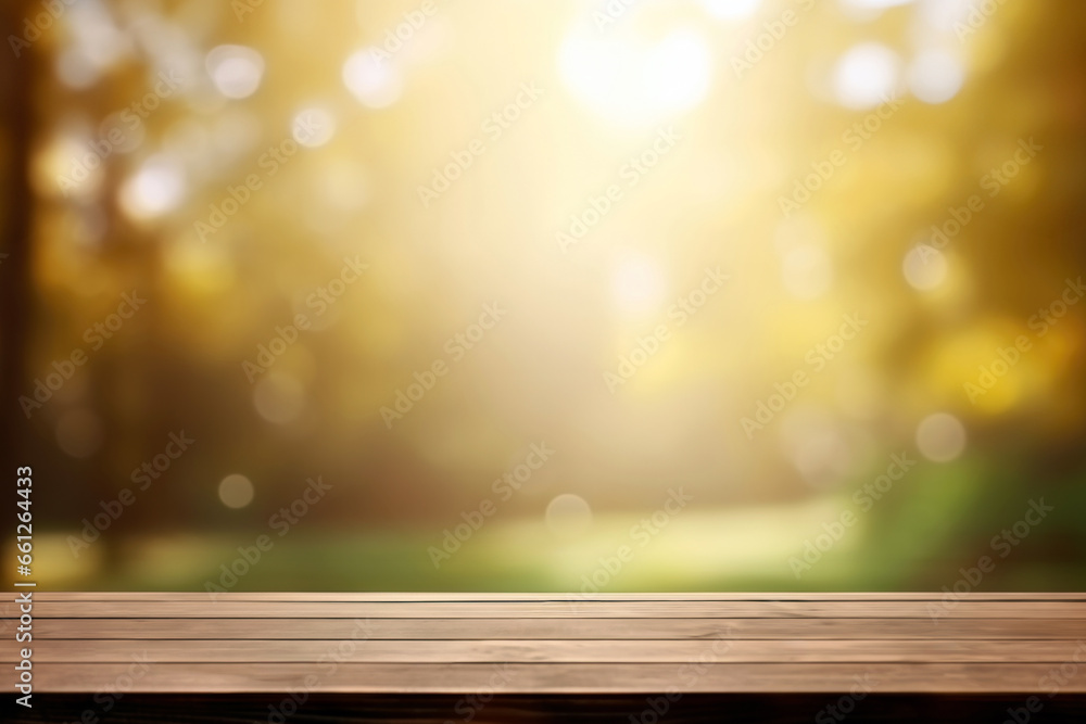 Empty wooden table over bokeh sunshine light background at forest, product display montage. High quality photo