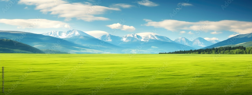 Beautiful landscape with green meadow and mountains in the background. High quality photo