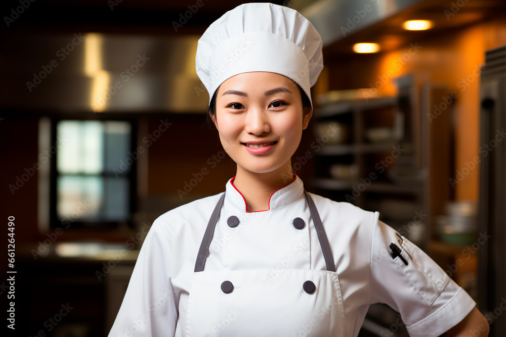 Portrait of Asian female chef on kitchen background. A woman in a chef's hat and an apron. Portrait of Asian female chef on kitchen background. A woman in a chef's hat and an apron.