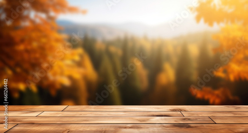Wooden table top on blurred autumn nature forest background. Can be used for display or montage your products. High quality photo
