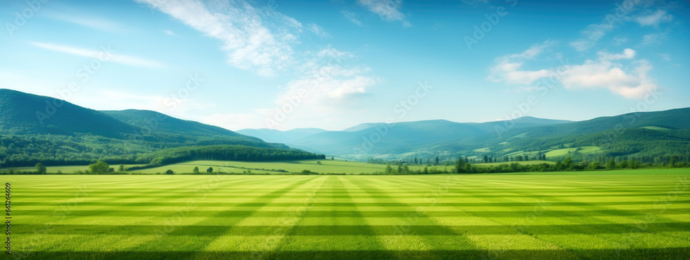 Beautiful landscape of green field with blue sky and mountains in the background. High quality photo