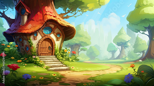 House on sunny glade in magic forest. Vector cartoon illustration of nice old cottage with wooden windows, door, chimney on roof, stone footpath in shadows of tall trees, fairytale game backgroundHous