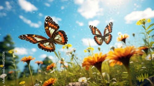 In the manner of naturalist aesthetic, animal images, two butterflies soaring through a field of June flowers