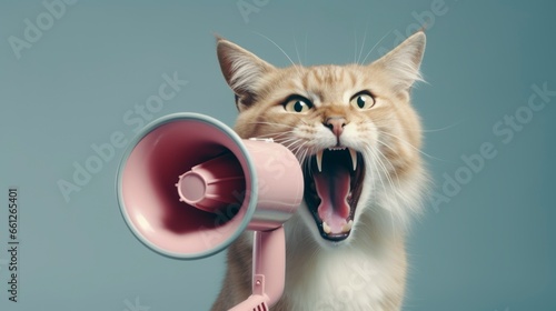 Surprised orange cat meowing with a megaphone on gray background
