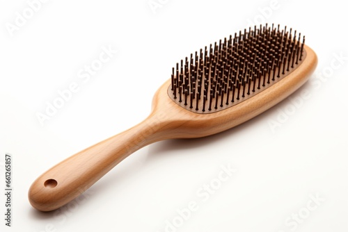 A wooden hairbrush isolated on a white background