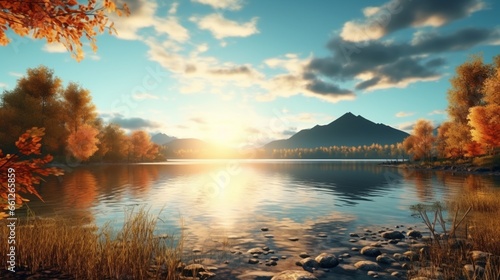 Lake in a sunny autumn scene. Beautiful sunrise view o. Background of the natural world's beauty.