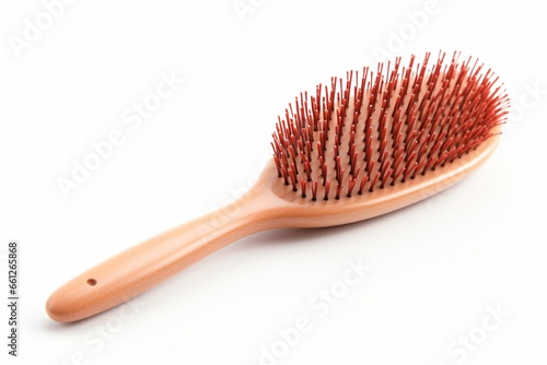 A wooden hairbrush isolated on a white background