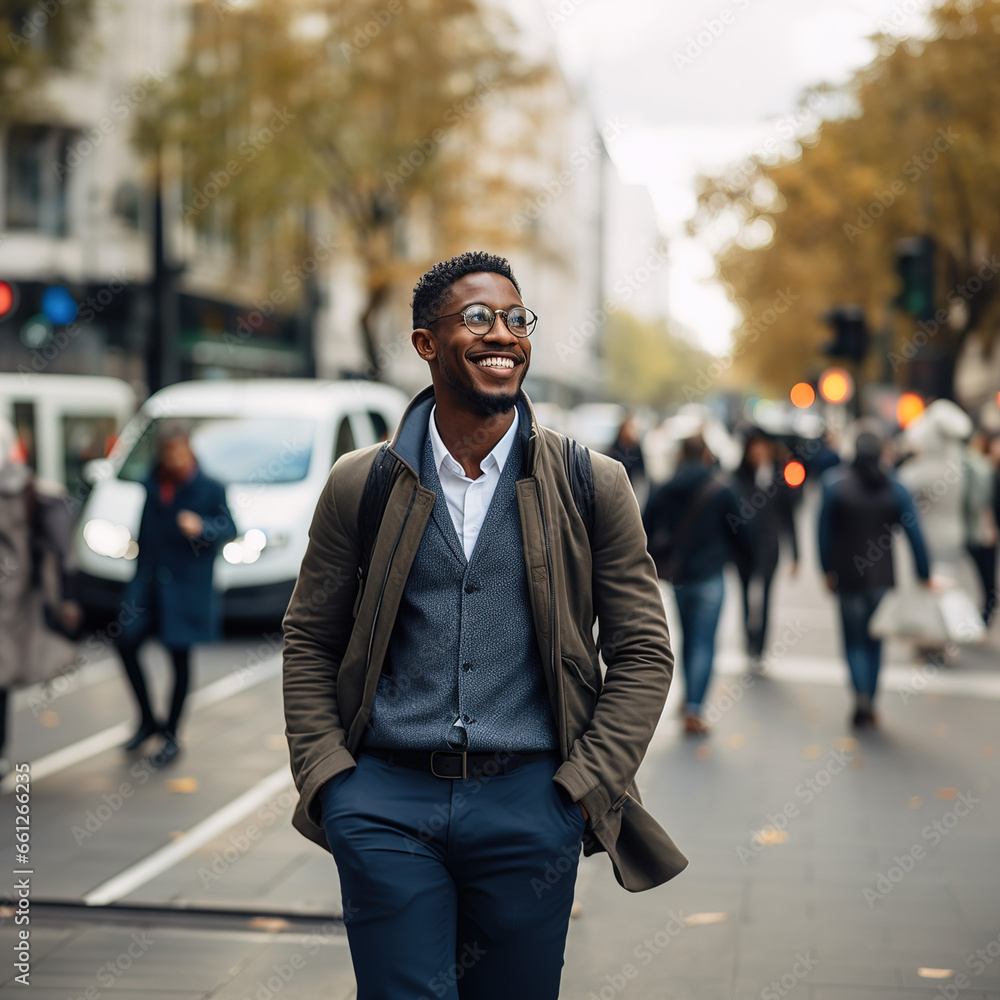 Smiling handsome man walking down blurred bokeh background city during daytime hours Smiling handsome man walking down blurred bokeh background city during daytime hours