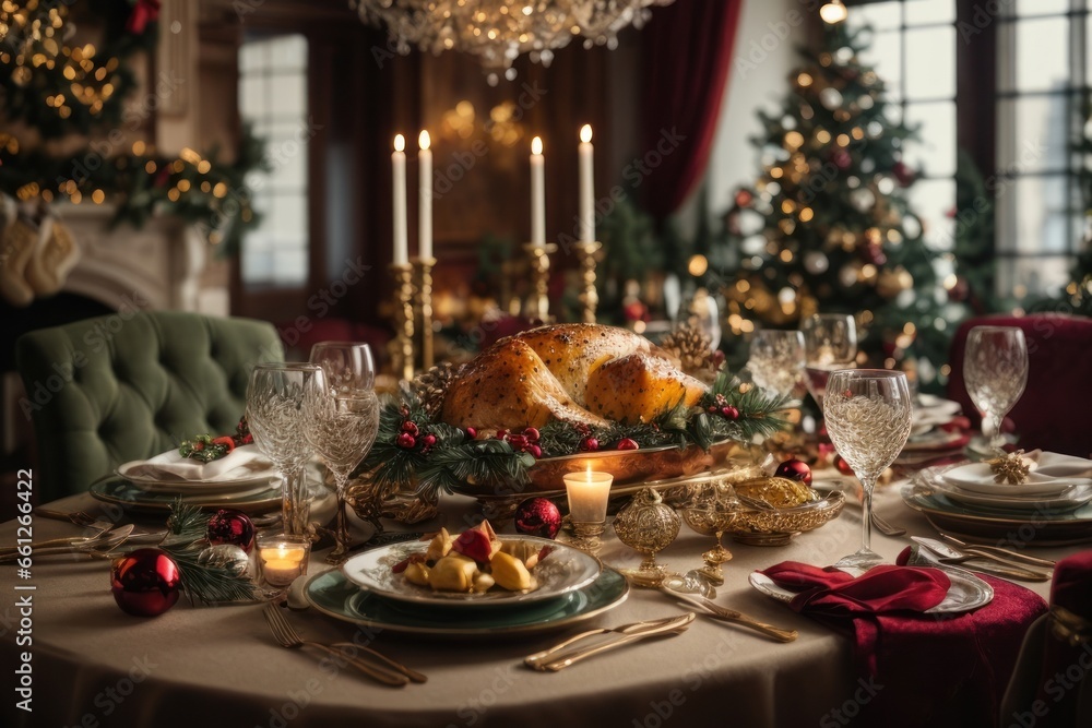 christmas dinner table setting Festive Gourmet Spread: Traditional Christmas Dinner in Hyper-Realistic Detail, AI Generated