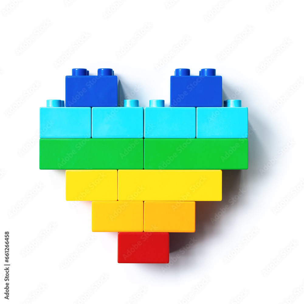 Rainbow color heart from toys blocks isolated on white background, top view object, design element, figure heart from child construction. Love concept, Valentines card, Toys, games Rainbow color heart from toys blocks isolated on white background, top view object, design element, figure heart from child construction. Love concept, Valentines card, Toys, games