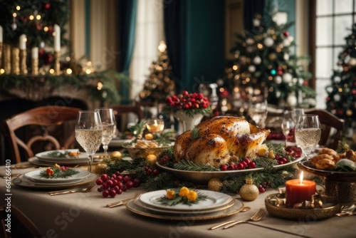 christmas dinner table setting Festive Gourmet Spread  Traditional Christmas Dinner in Hyper-Realistic Detail  AI Generated