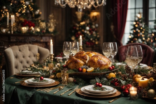 christmas dinner table setting Festive Gourmet Spread: Traditional Christmas Dinner in Hyper-Realistic Detail, AI Generated © Krittikarn