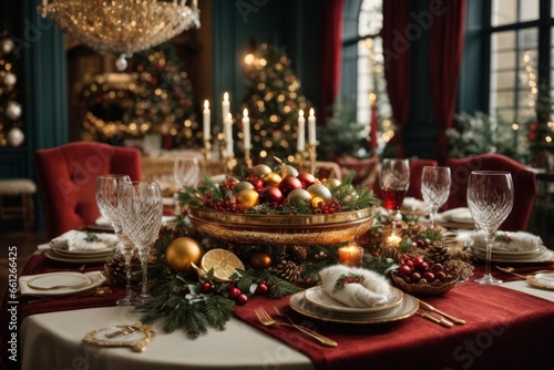 christmas dinner table setting Festive Gourmet Spread  Traditional Christmas Dinner in Hyper-Realistic Detail  AI Generated