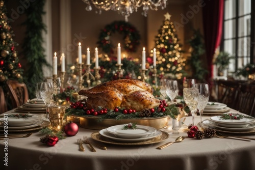 christmas dinner table setting Festive Gourmet Spread: Traditional Christmas Dinner in Hyper-Realistic Detail, AI Generated