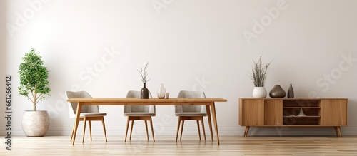 Wooden table and floor in modern apartment s dining room Interior design With copyspace for text photo