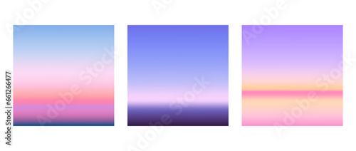Sunrise or sunset gradients background set. Smooth blurred wallpaper set in pink, blue and purple colors. Abstract beach and sea or ocean horizon backdrop. Vector illustration © vika_k
