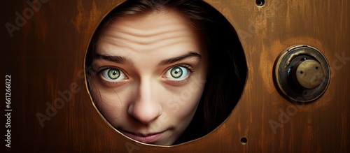 White woman peering through the peephole