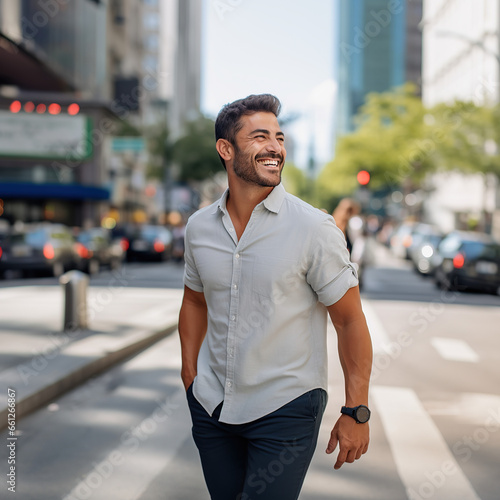 Smiling Handsome man walking across blurred city street bokeh background © G