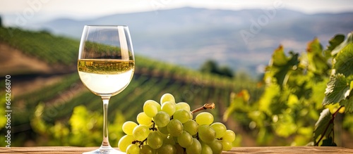 Vermentino wine goblet amidst vineyard rows for food and drinks With copyspace for text photo