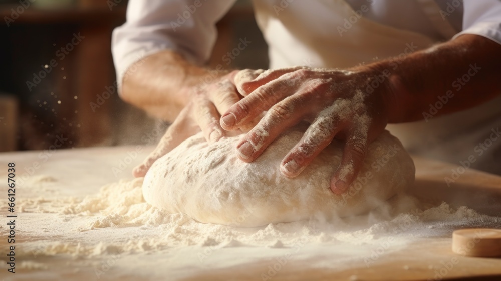 man kneading dough with his two hands greased with flour in high quality
