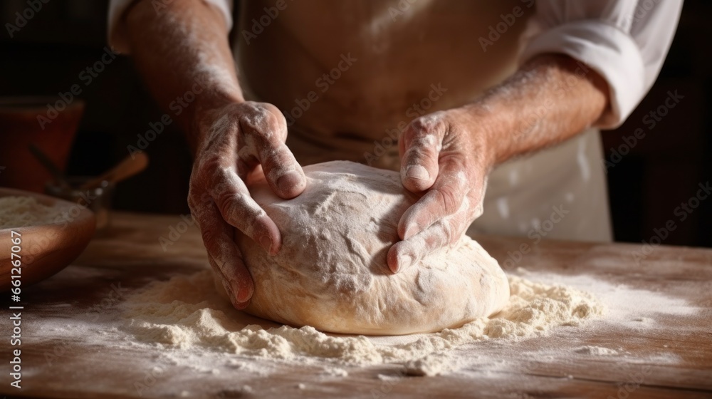 man kneading dough with his two hands coated with flour in high quality and resolution