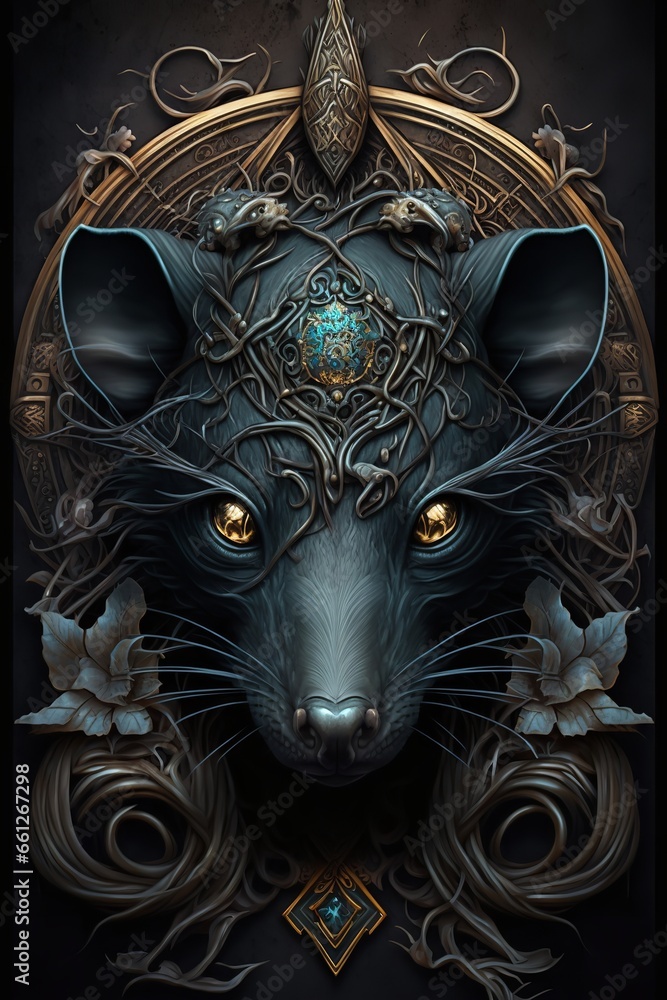 Fototapeta premium a black rat with a circle on its head wearing a crown made of flowers and leaves. The rat is standing on a rock in a forest