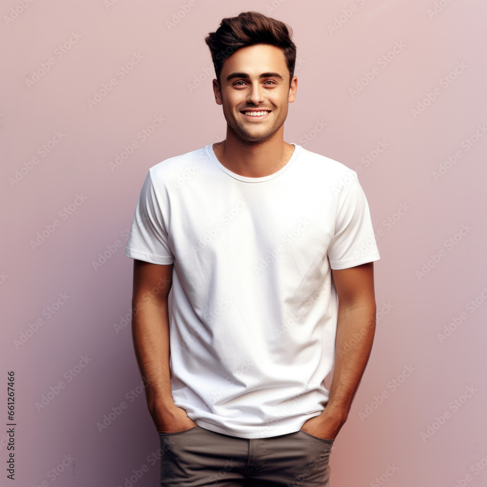 Portrait d'un jeune homme souriant avec un t-shirt blanc sur un fond rose Portrait d'un jeune homme souriant avec un t-shirt blanc sur un fond rose