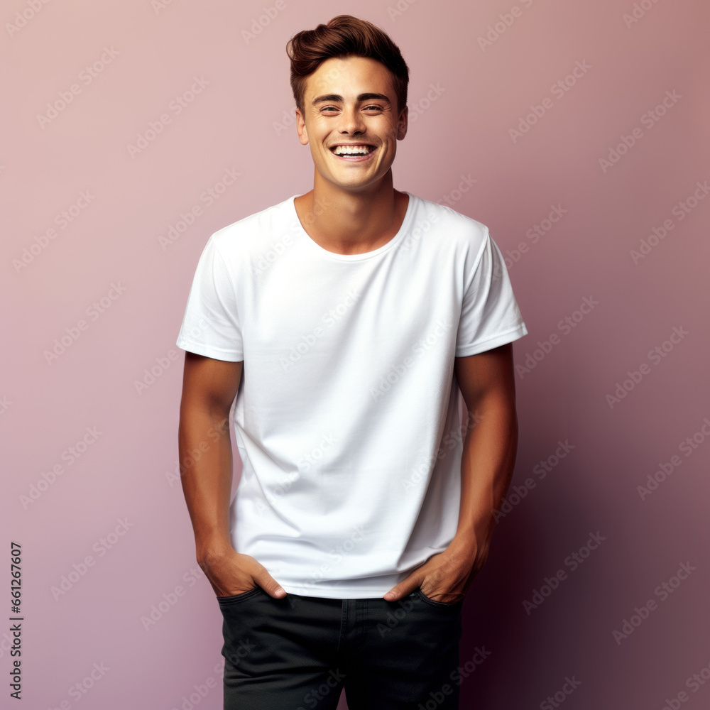 Jeune homme élégant et souriant en t-shirt blanc sur fond rose Jeune homme élégant et souriant en t-shirt blanc sur fond rose