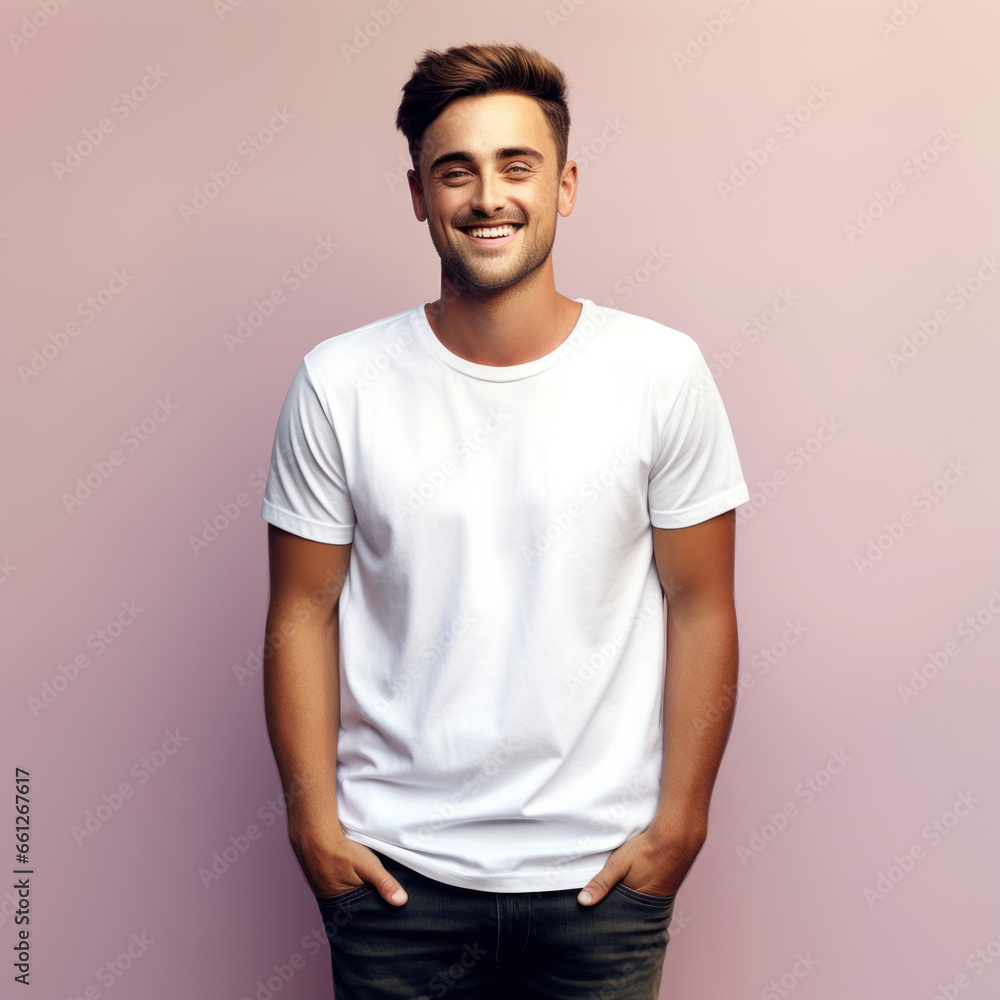 Portrait d'un jeune homme souriant en t-shirt blanc, fond rose pastel Portrait d'un jeune homme souriant en t-shirt blanc, fond rose pastel