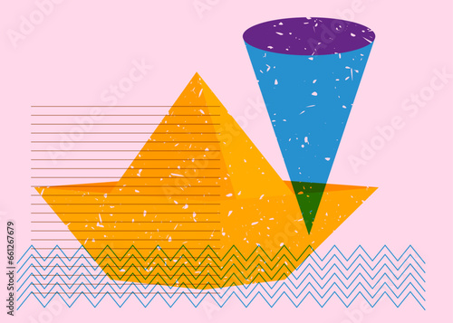 Risograph paper ship with geometric shapes. Origami boat with geometry elements in trendy riso graph design.